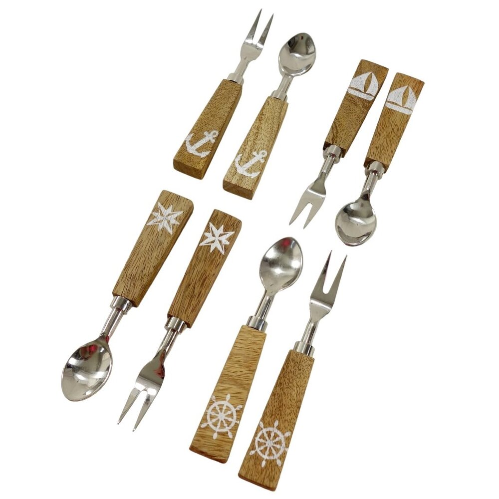 Vintage Fork and Spoon Set Cocktail Appetizer Wood Handle Nautical Design‎ 8 Pc